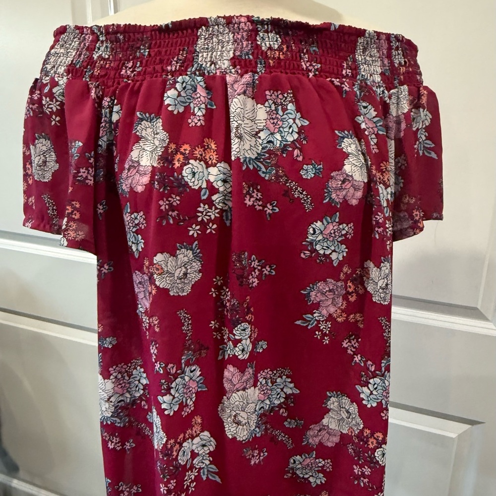 Pink Rose Burgundy Floral Off-Shoulder Blouse
